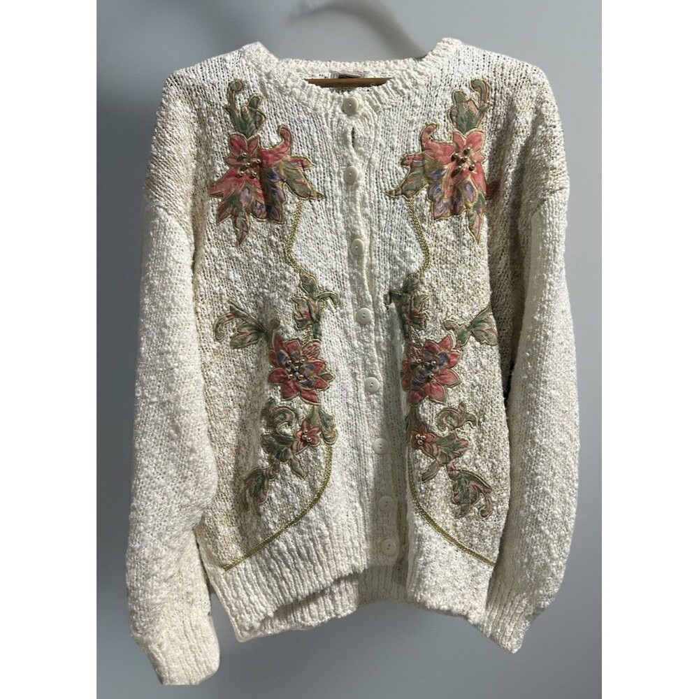 Vtg Lindsey Blake Womens Floral Boucle Cardigan Sweater Xl Sequin Floral Beaded